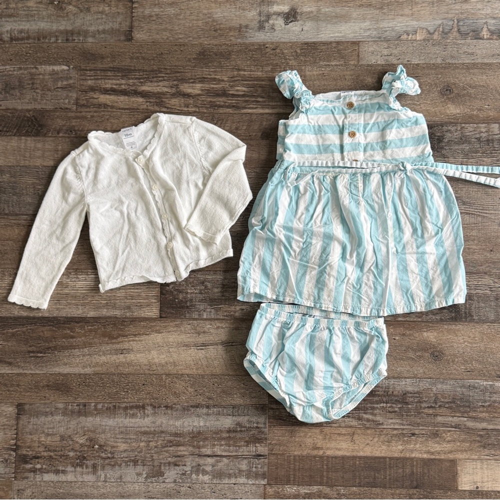 Carter's Blue & White Striped Dress Set with Cream Cardigan